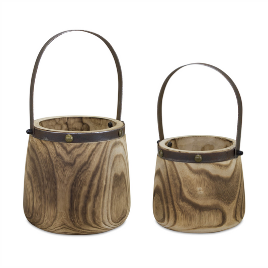 Natural Wooden Pail Planter with Metal Handle Accent (Set of 2)