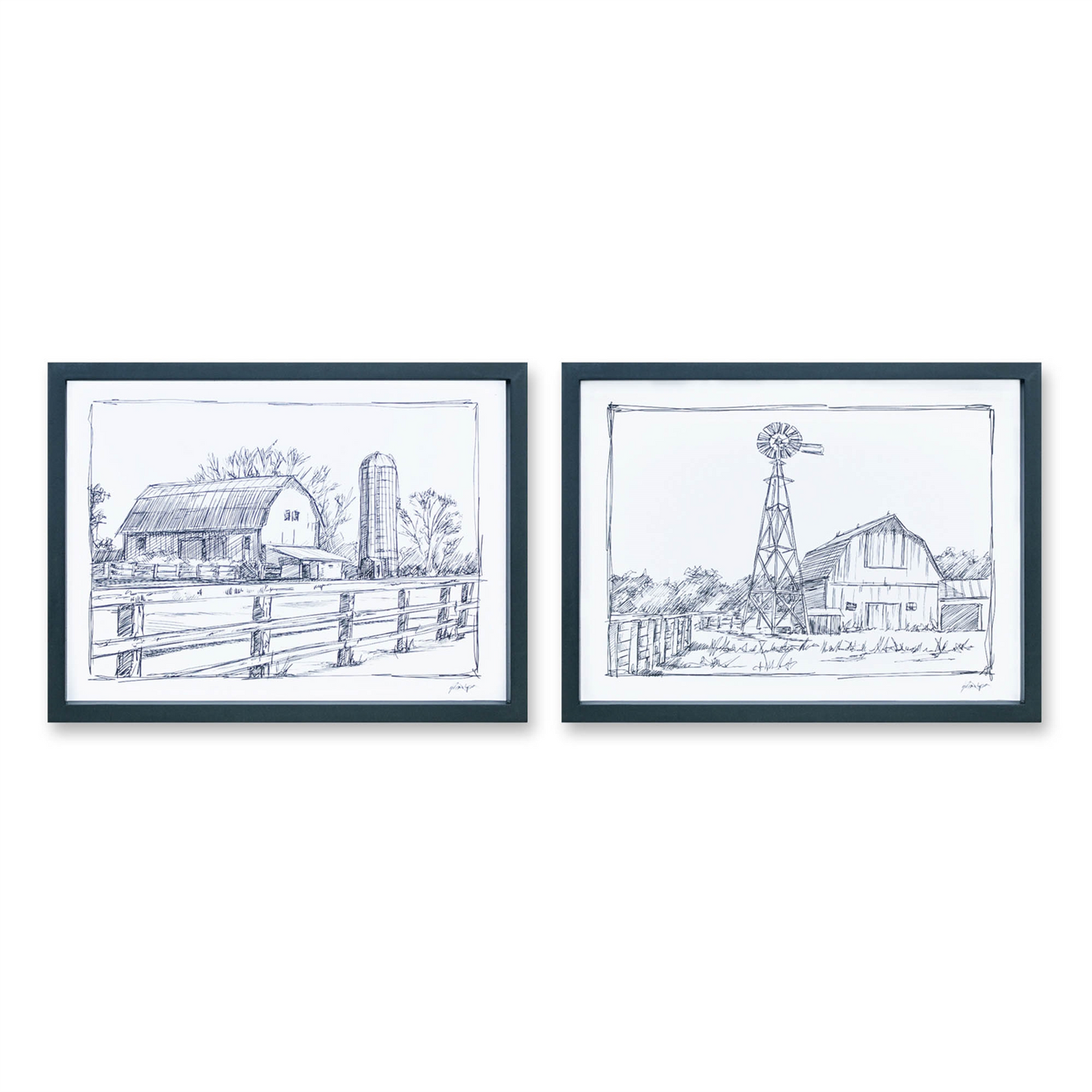 Framed Sketch Art Barn Print (Set of 2)