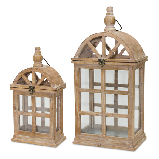 Natural Wooden Lantern with Curved Top (Set of 2)