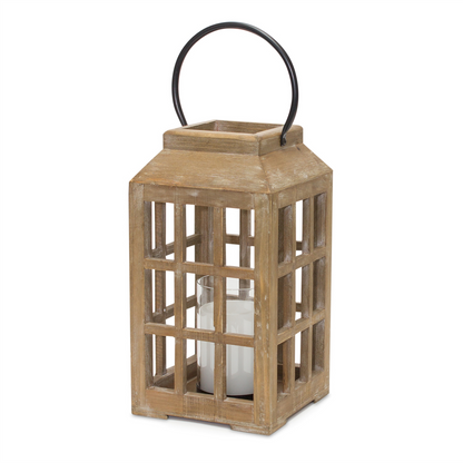 Natural Wooden Lantern with Glass Hurricane