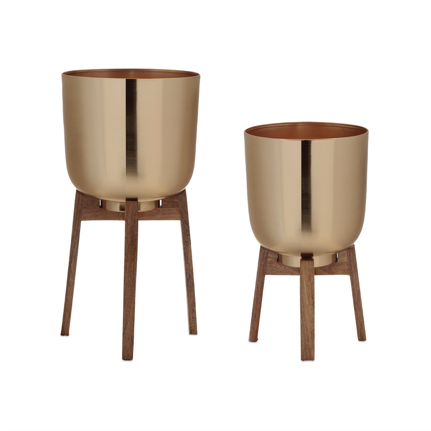 Round Metal Planter with Wooden Stand (Set of 2)