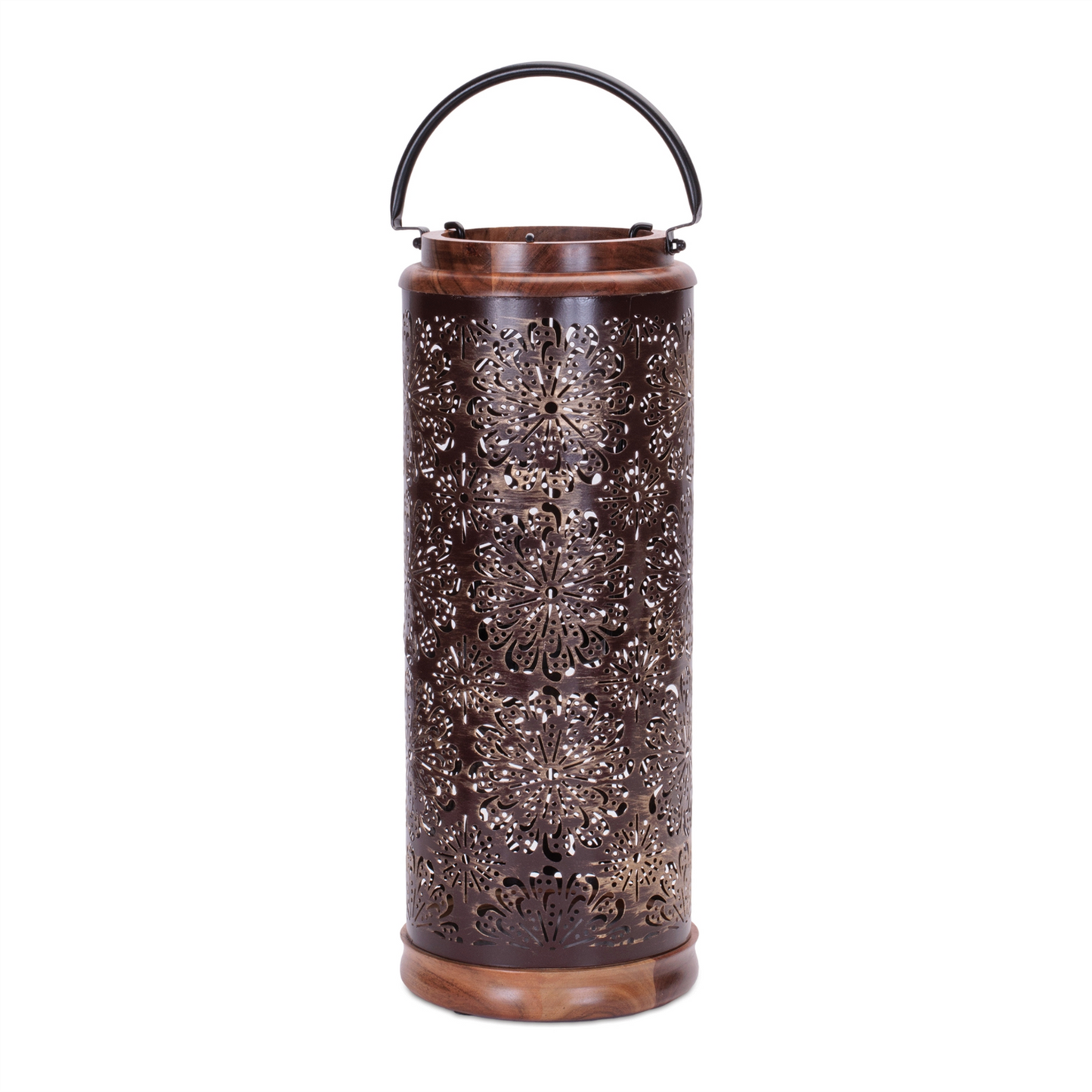 Punched Metal Lantern with Natural Wood Accents 19"H