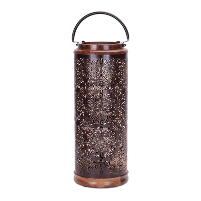 Punched Metal Lantern with Natural Wood Accents 19"H