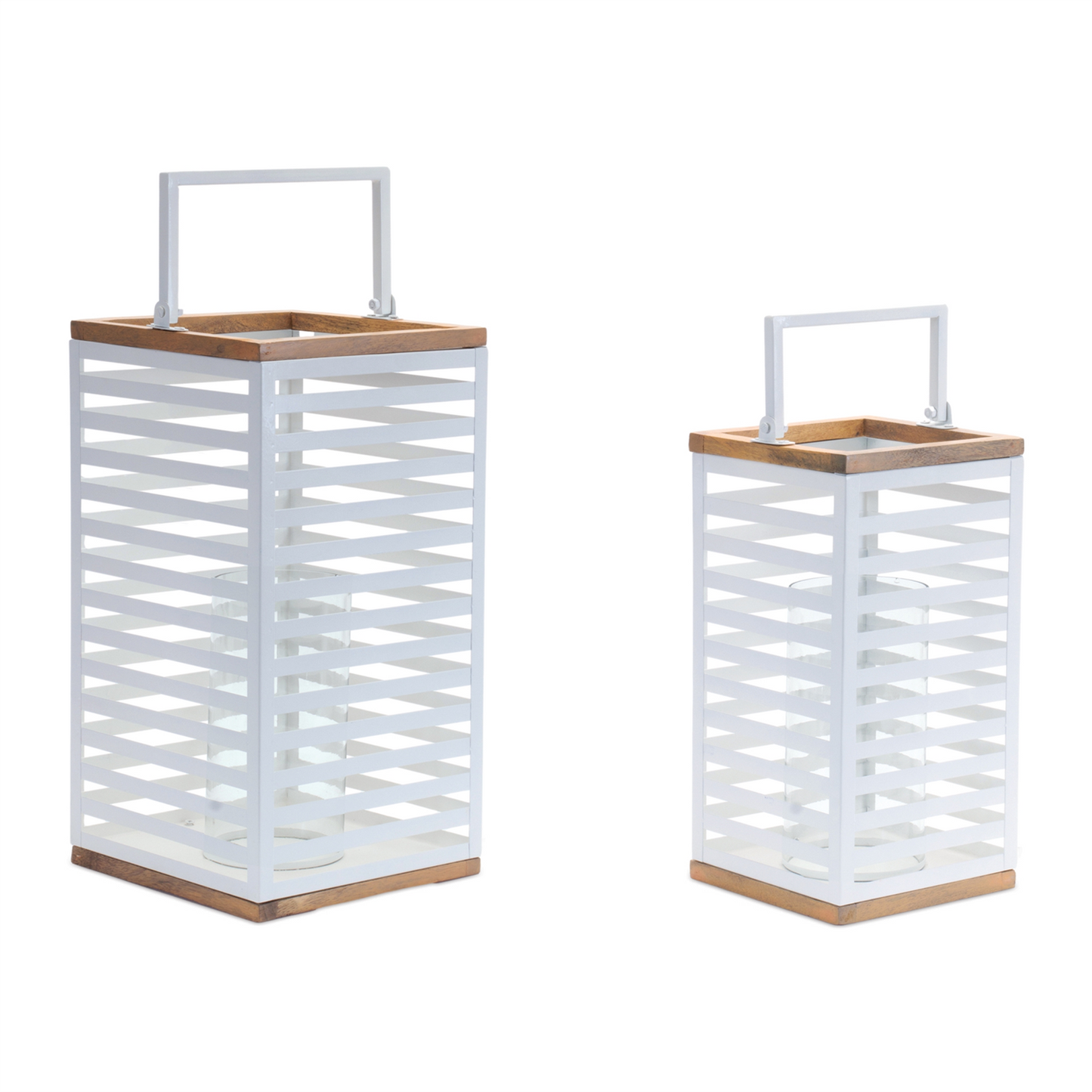 Metal Box Lantern with Natural Wood Accents (Set of 2)