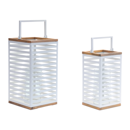 Metal Box Lantern with Natural Wood Accents (Set of 2)