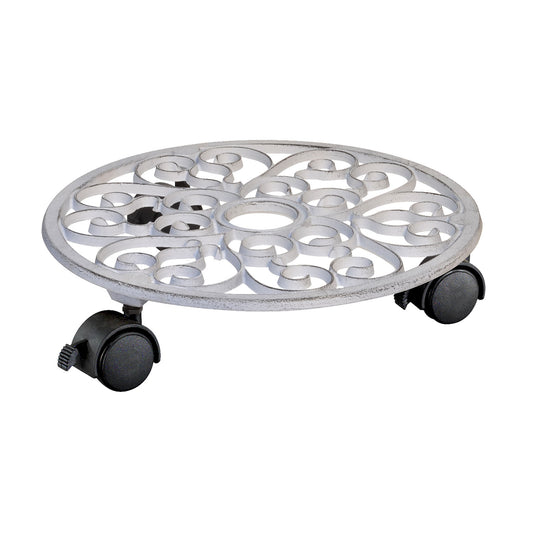 11.4" White Round Cast Iron Plant Caddy