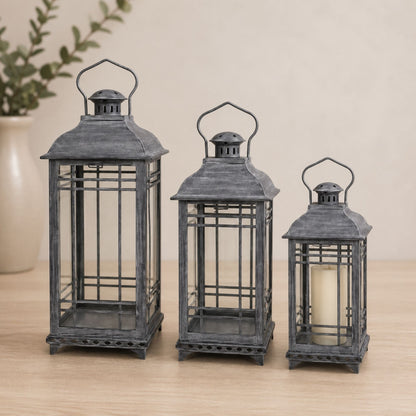 Traditional Grey Metal Lantern (Set of 3)