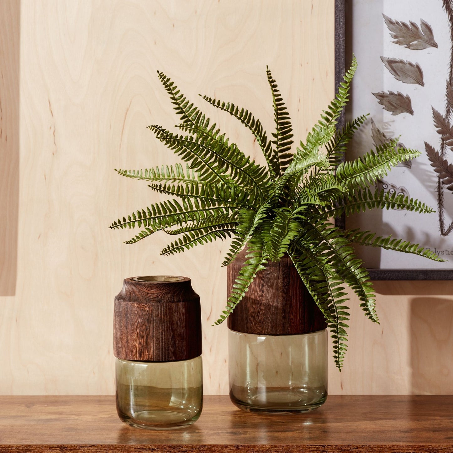 Sage Glass Vase with Wood Accent 11"H
