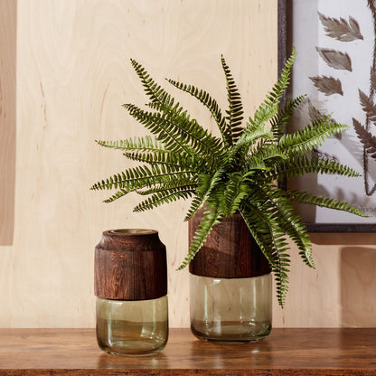 Sage Glass Vase with Wood Accent 9"H