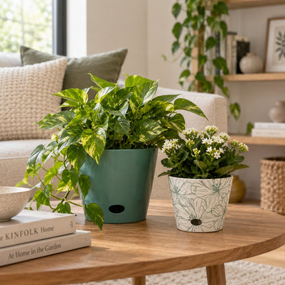 Self-Watering Plant Pot Set of 2 5" Green Flower & 7" Sage Green