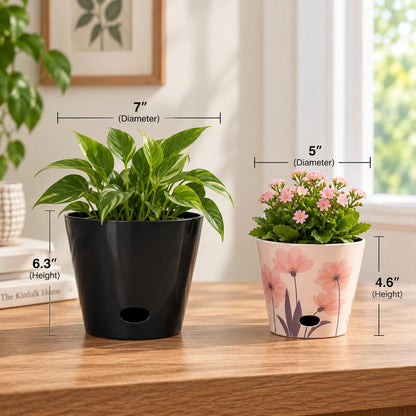 Self-Watering Plant Pot Set of 2 5" Pink Flower & 7" Black Solid