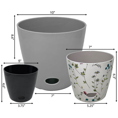 Self-Watering Plant Pot Set of 3 5" Black 7" Wildflower 10" Gray