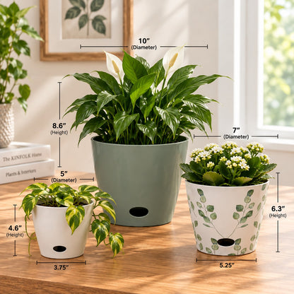 Self-Watering Plant Pot Set of 3 5" Cream 7" Green Leaves 10" Sage Green