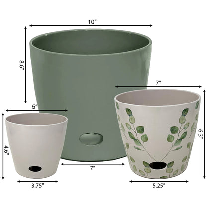 Self-Watering Plant Pot Set of 3 5" Cream 7" Green Leaves 10" Sage Green