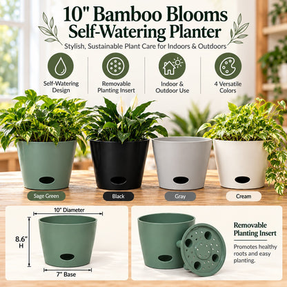 10" Gray Round Self-Watering Bamboo Pot