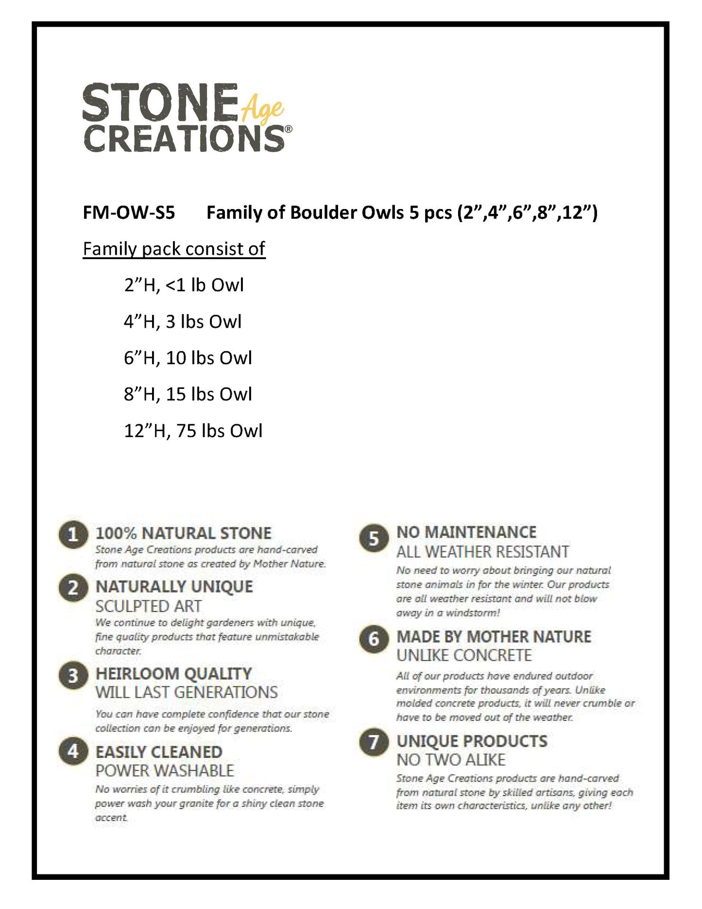 Family of Boulder Owls 5 Pcs 2"4"6"8"12"